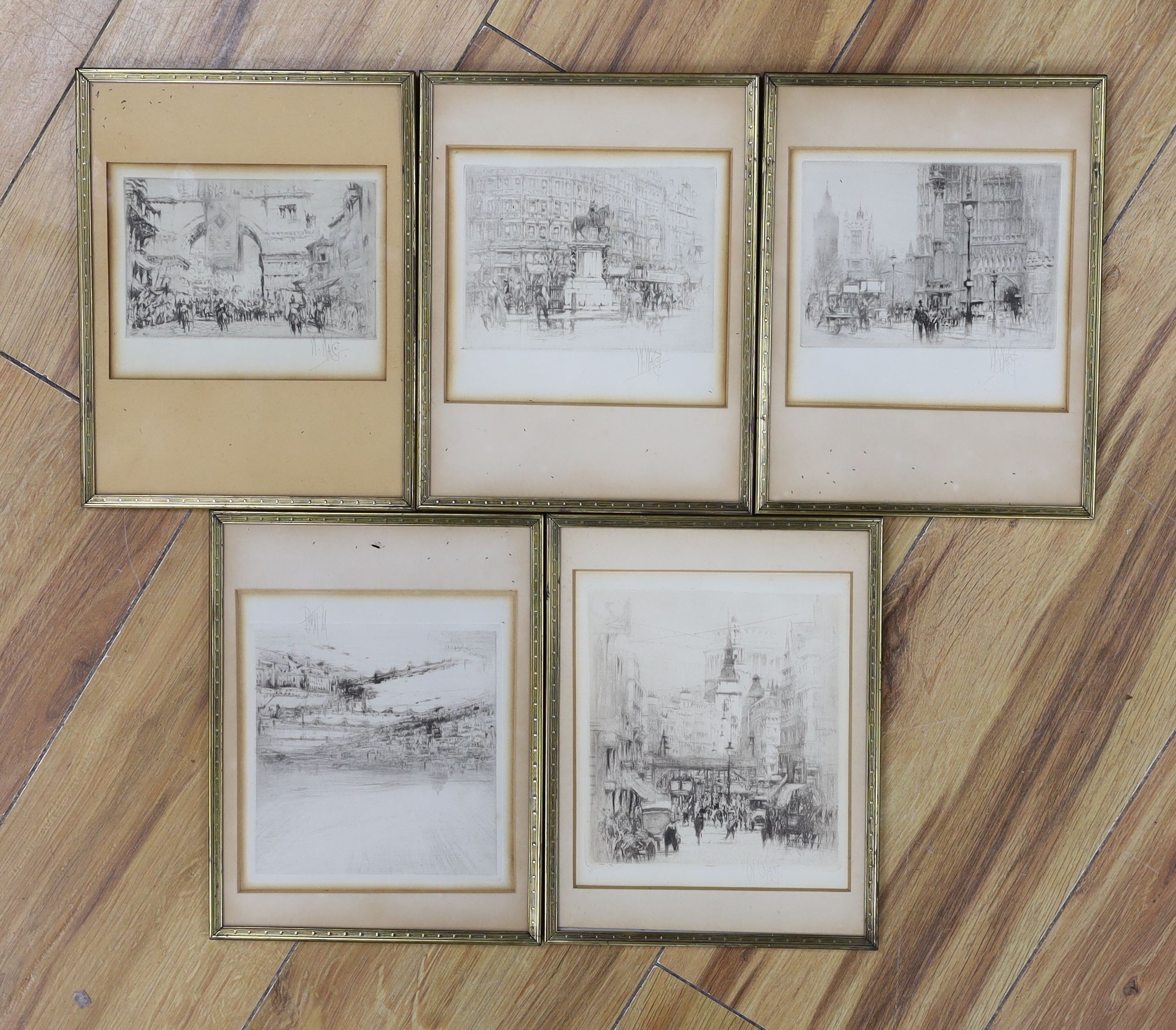 William Walcot (1874-1943), five dry point etchings: Westminster Abbey, Charring Cross, Ludgate Hill, London, Hadrian entering Salonica, signed in pencil, 9 x 12.5cm